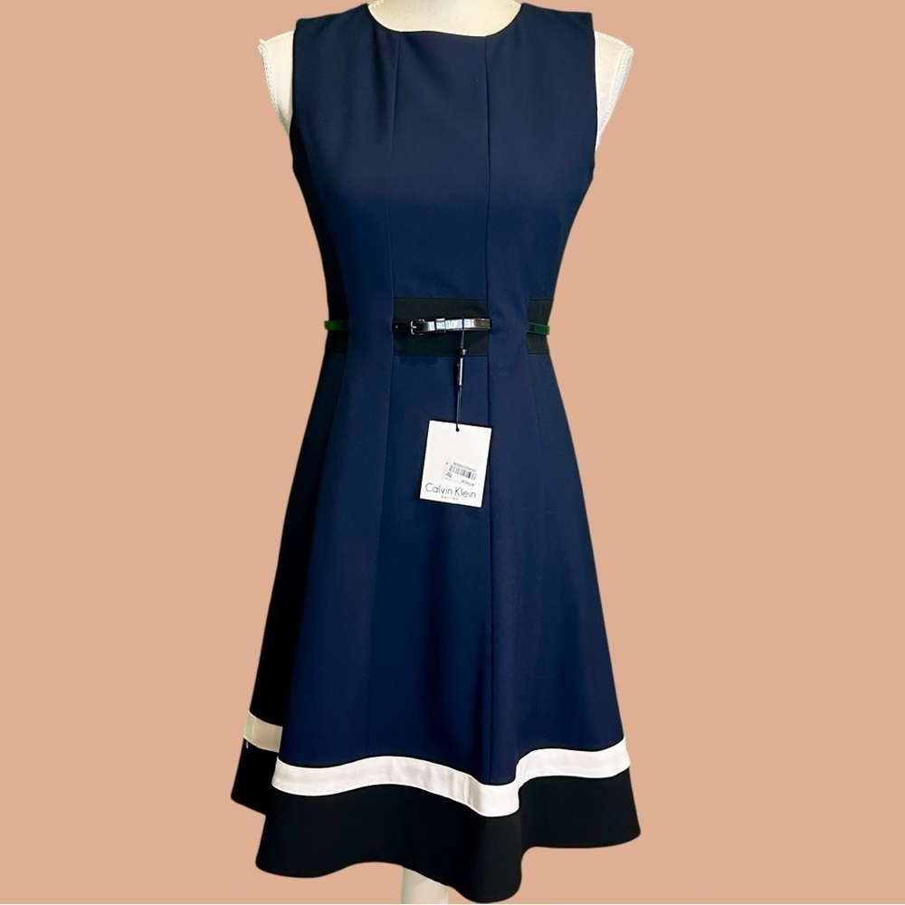 NWT Calvin Klein Fit & Flare Colorblock Belted Dress in Navy Blue & Black Stripe